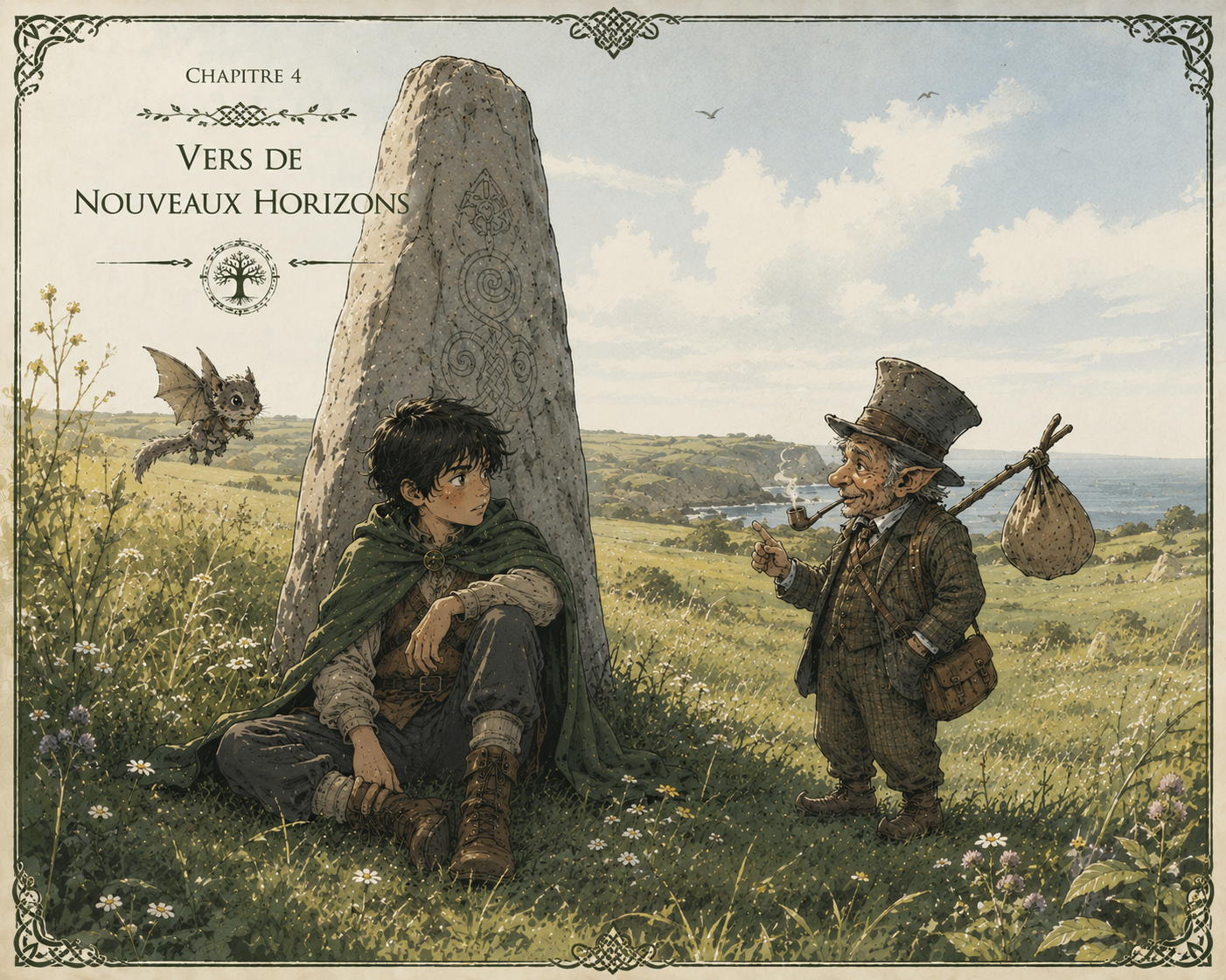 Hayden and Peeb in a coastal landscape beside a standing stone.