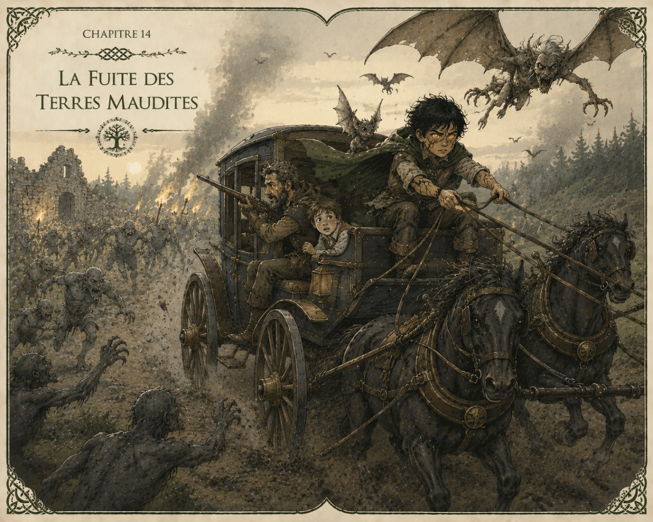 Stagecoach chase through cursed lands.
