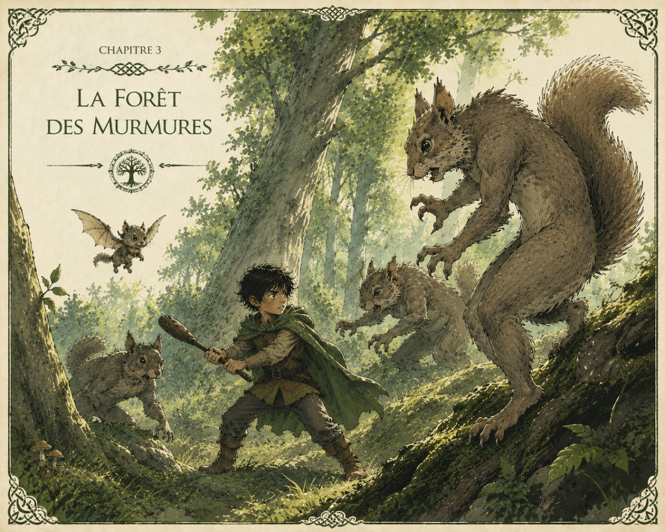 Hayden confronting forest creatures.