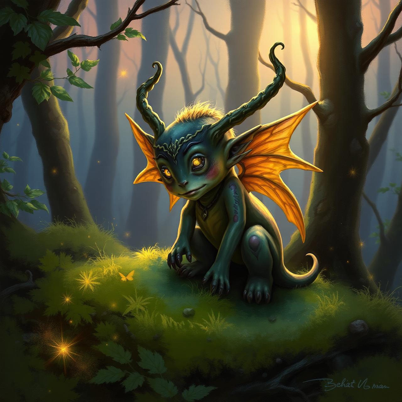 Small winged creature in a forest.