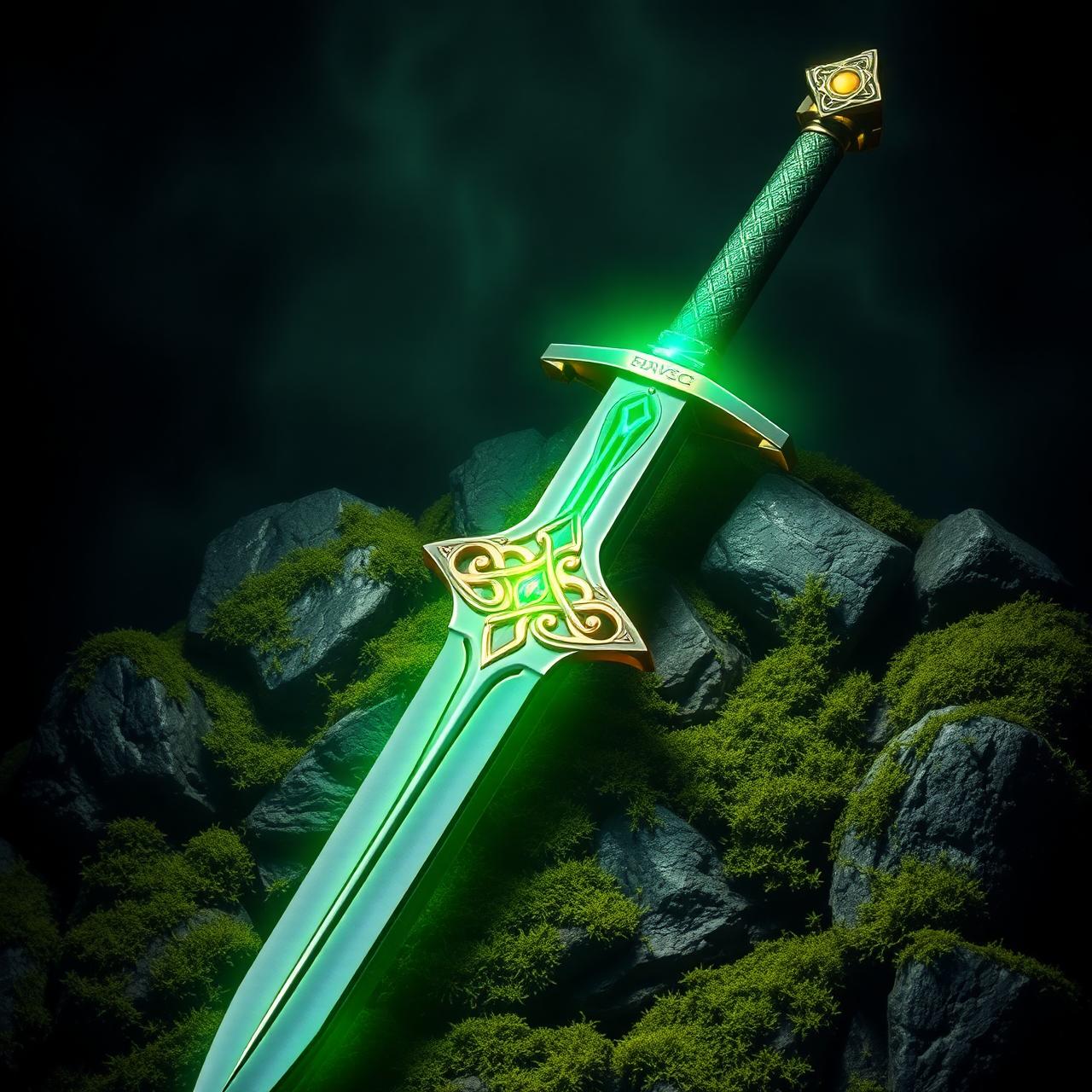 Luminous Celtic sword with gold details.