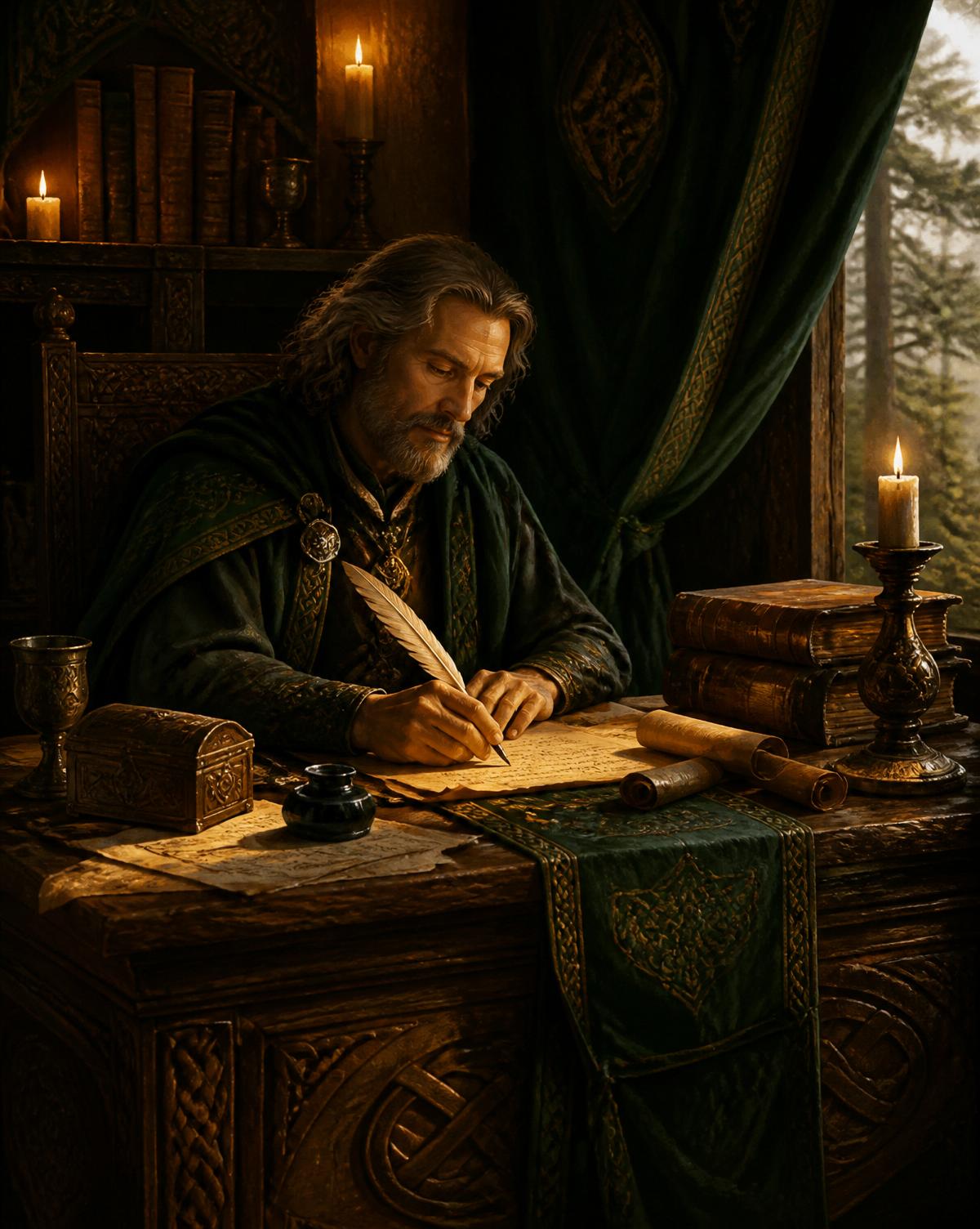 Author writing by candlelight in a medieval study